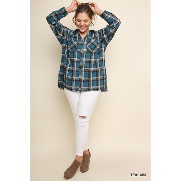 Umgee Plaid & Frayed Cotton Top, Teal - Picture 2 of 4